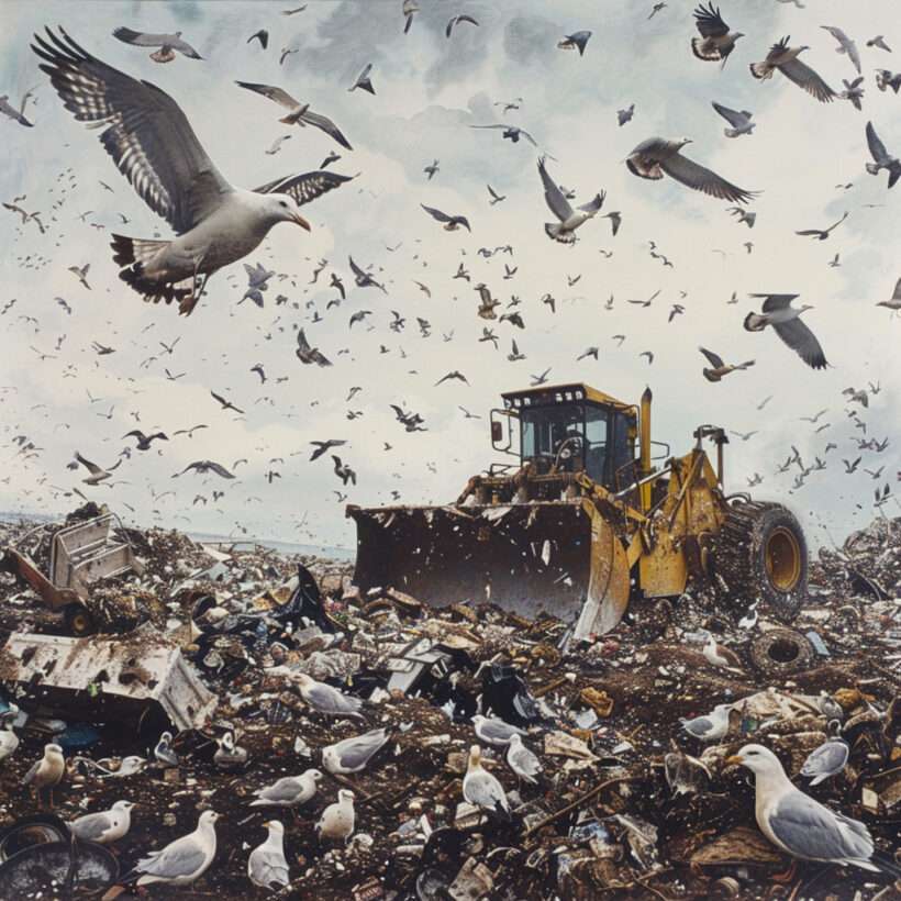 Décharge remplie de déchets en tout genre, avec des mouettes volant au-dessus et des bulldozers poussant les ordures
