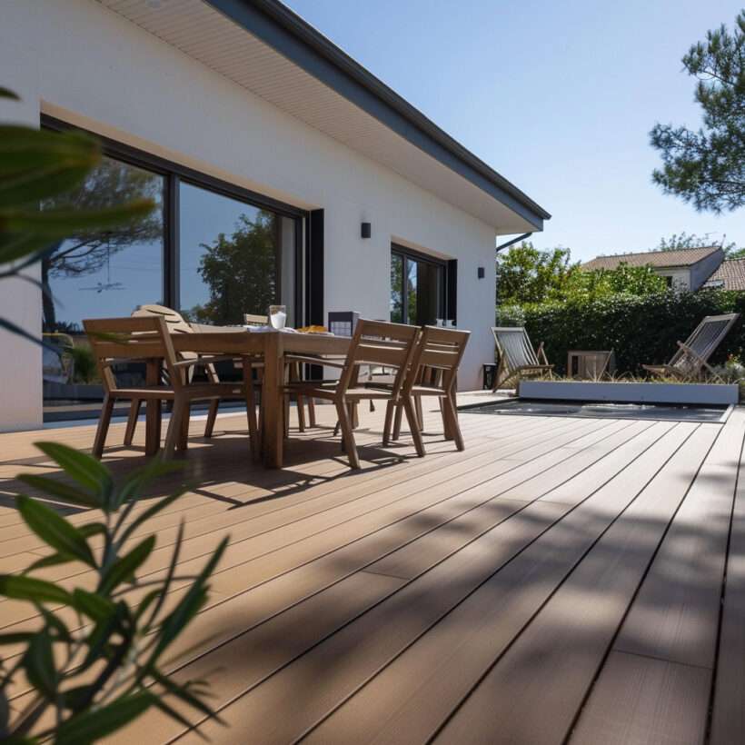 Terrasse en composite marron clair avec des lames uniformes et une table et des chaises en bois dessus