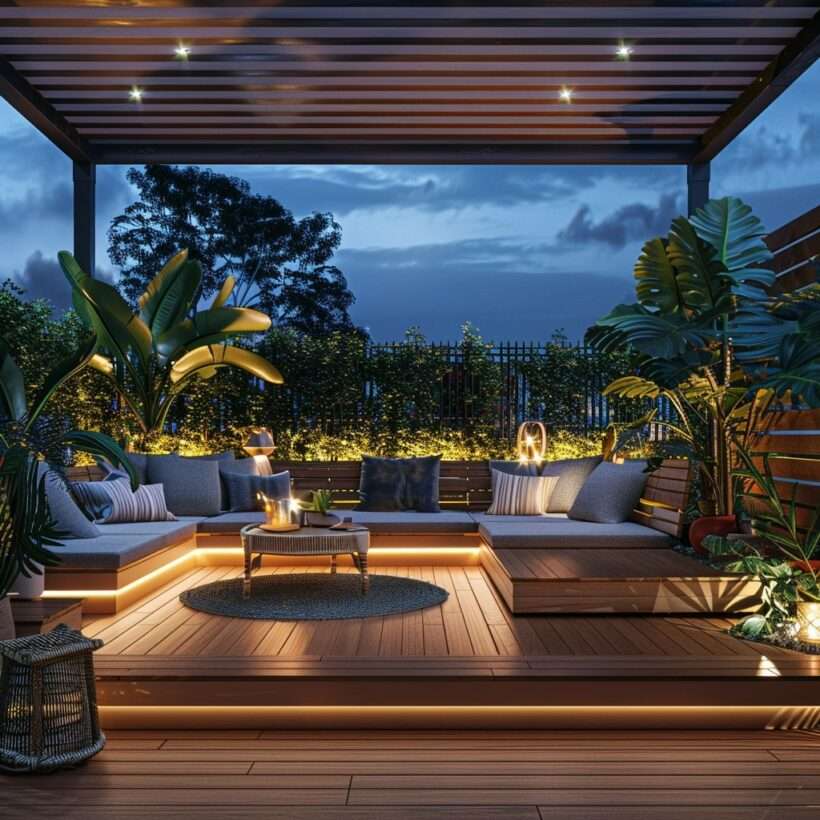 Une terrasse en bois d'Ipe vue de nuit éclairée par des lanternes