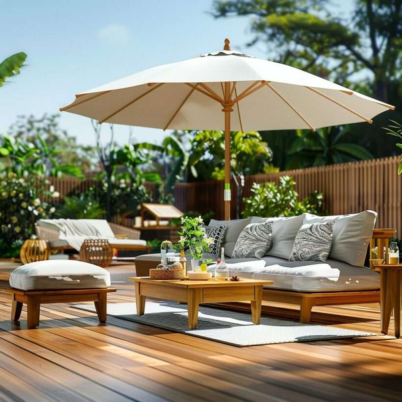 Une terrasse en bois ensoleillée avec des meubles de jardin en Ipe